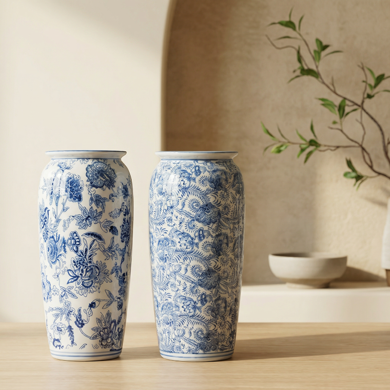 Vases céramique blanc motifs floraux bleus intérieur