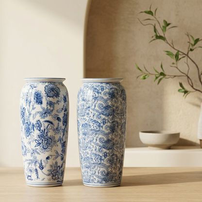 Vases céramique blanc motifs floraux bleus intérieur