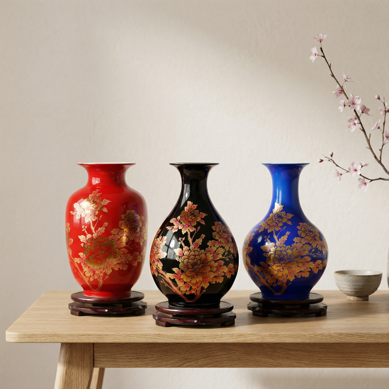 Vases céramique chinois motif fleurs doré ensemble
