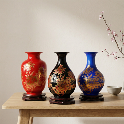Vases céramique chinois motif fleurs doré ensemble