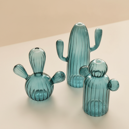 Vases verre cactus design végétal bleu vue dessus
