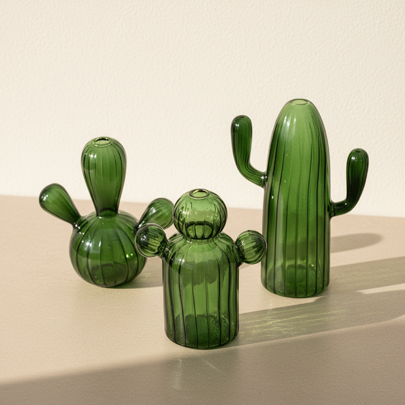 Vases verre cactus design végétal vert vue dessus