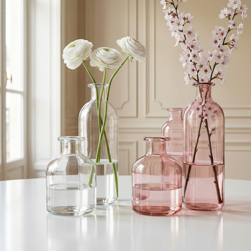 Vases verre minimaliste contemporain transparent et rose lifestyle