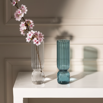 Vases verre strié design contemporain transparent et bleu