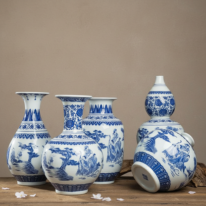 Vases en céramique bleu et blanc – Motifs villageois chinois traditionnels L'UNIVERS DU VASE