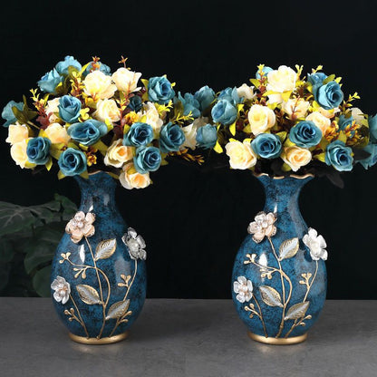 Vases en céramique bleue décor floral relief – Collection élégante